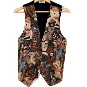 Vintage Pasta Teddy‎ Bear Tapestry Vest Womens Cotton Cottage 90s Kitsch S/M